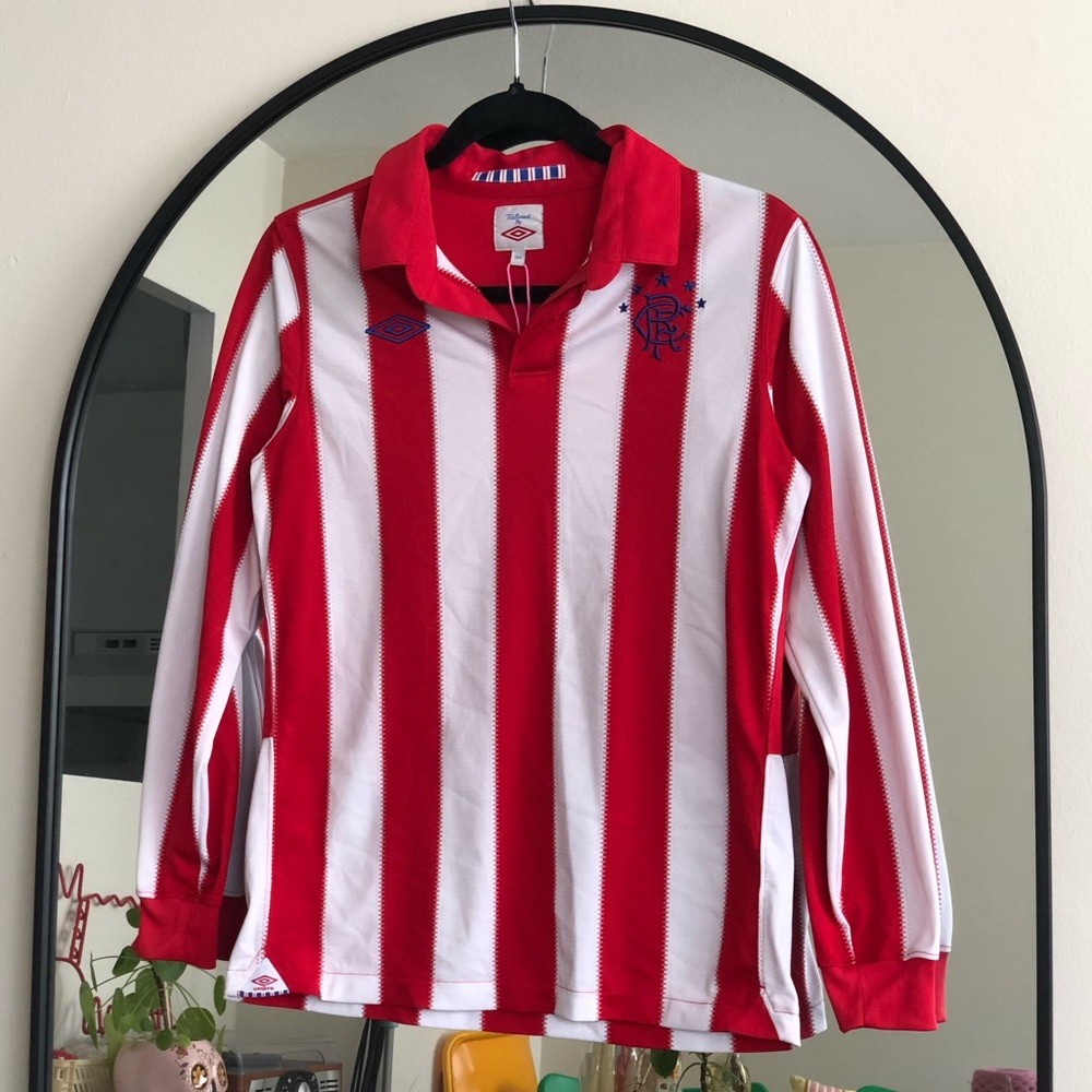 Umbro Glasgow Rangers Scotland Red Stripe Long Sleeves Collar Soccer Jersey